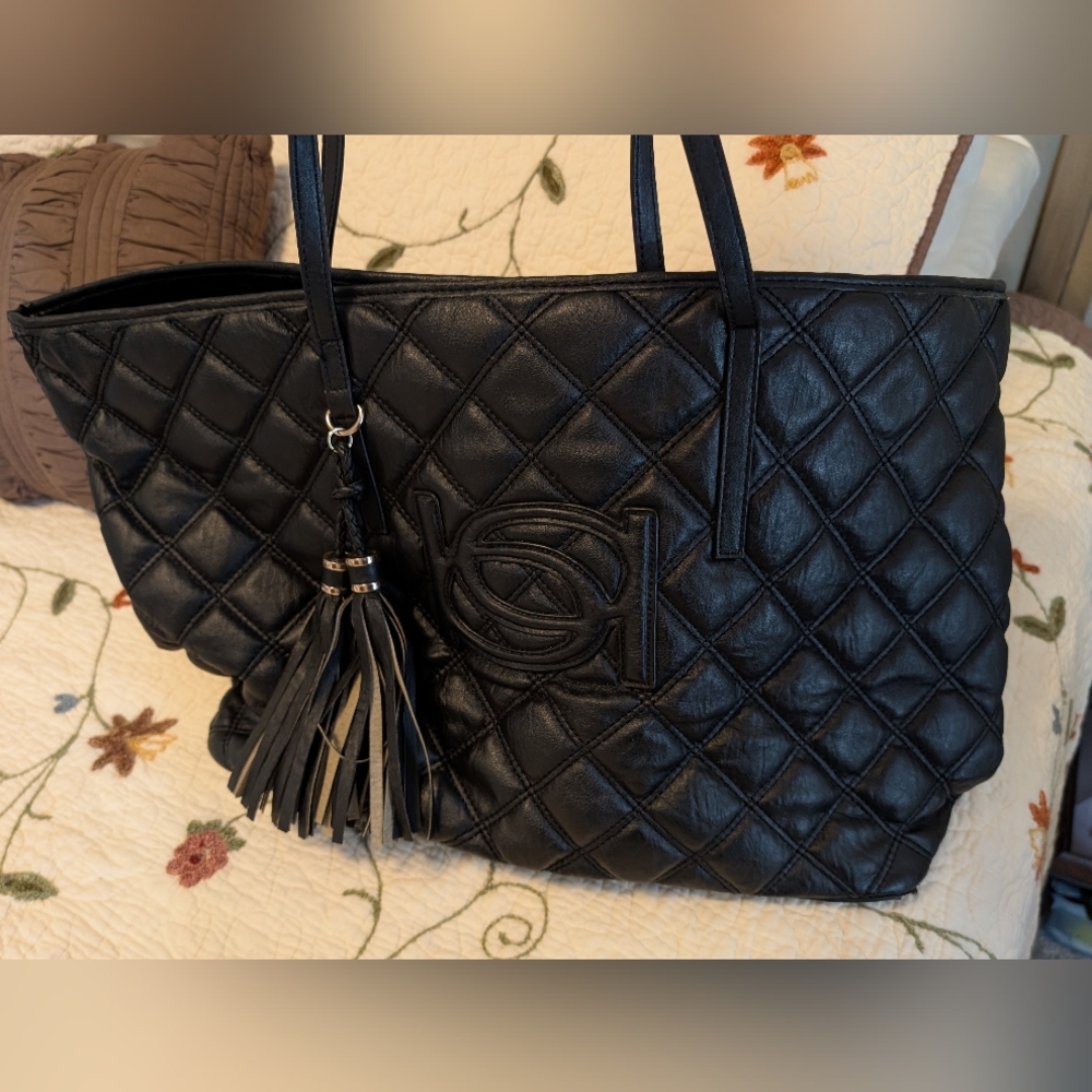 bebe Black Quilted Tote with Tassel